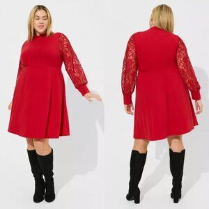 Torrid Red Mock Neck Long Sleeve Sheer Lace Skater Flare Mini Short Dress 2 Plus